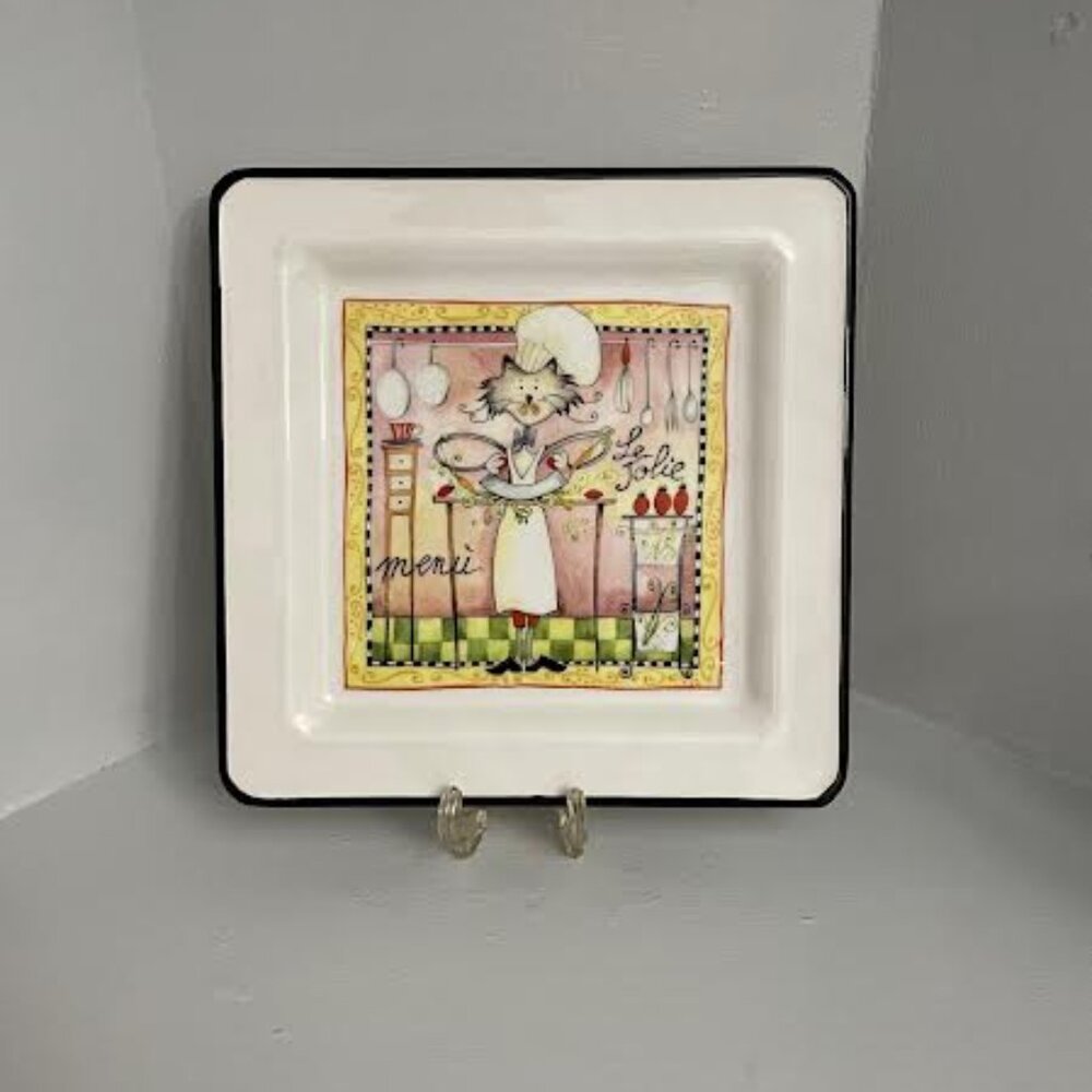 Brunelli  Square Dinner Plate in the Cat Chef "Menu Le Jolie" pattern - Italy